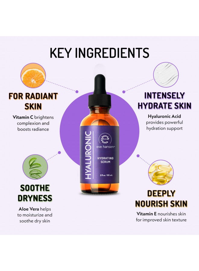 Eve Hansen Hydrating Hyaluronic Acid Serum for Face with Vitamin C, Vitamin E, Green Tea | 72% Organic Firming Facial Moisturizer, Anti-Wrinkle, Skin Plumper (1 oz)