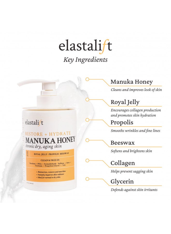 Elastalift Manuka Honey Cream Face Moisturizer & Body Butter Lotion For Dry Skin | Firming & Hydrating Miracle Balm Skin Care Moisturizing Lotion For Women, Wrinkles, & Sun Damaged Skin, 15 Fl Oz