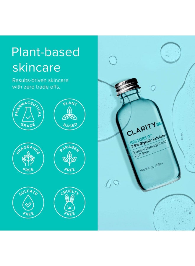 ClarityRx Restore It 7.5% Glycolic Acid Face Serum, Plant Based Exfoliating Treatment, Paraben Free, Natural Skin Care (2 fl oz)