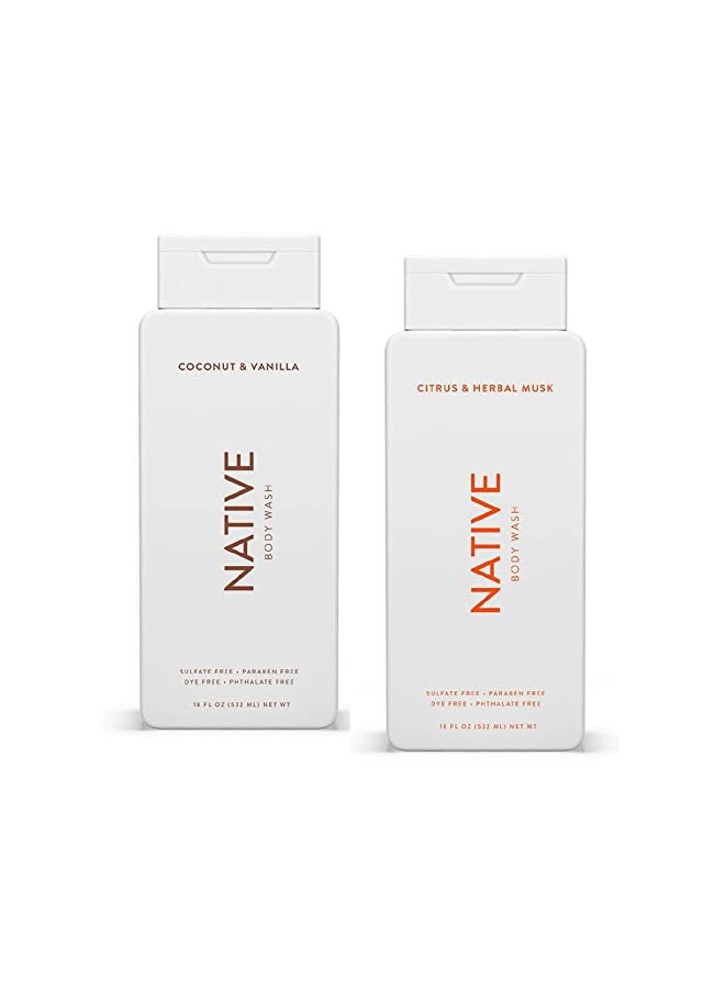 Native Body Wash Twin Pack - 1 Coconut and Vanilla & 1 Citrus and Herbal Musk - 18 oz (532ml) Each