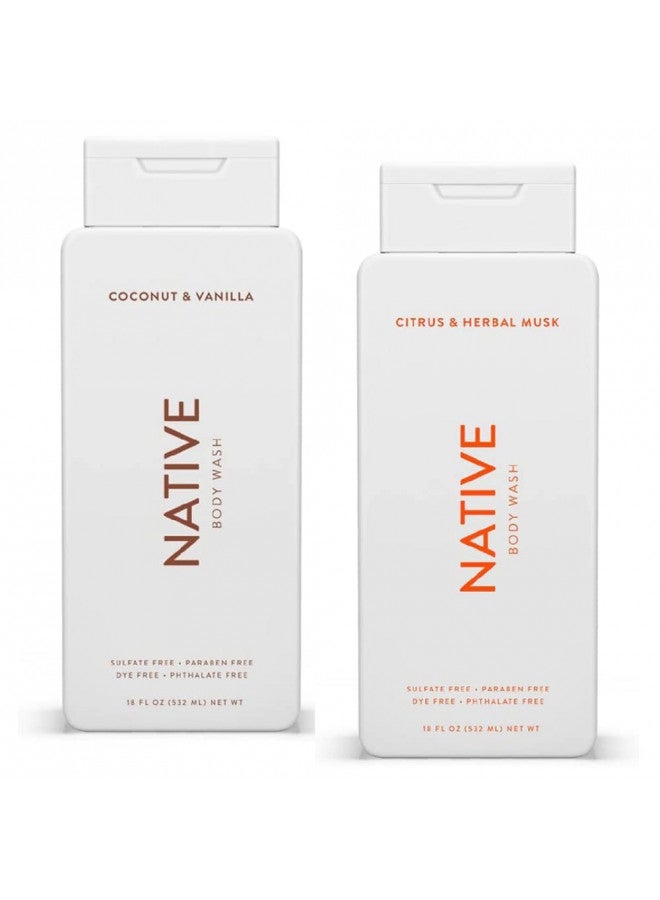 Native Body Wash Twin Pack - 1 Coconut and Vanilla & 1 Citrus and Herbal Musk - 18 oz (532ml) Each