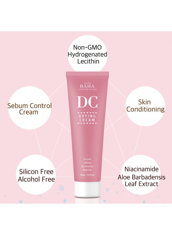 Cos De BAHA Drying Cream for Face Sebum Control Oily Skin Moisturizer with Hydrogenated Lecithin + Niacinamide 5% - Silicon Free, Alcohol Free, Non-GMO, Facial Skin Conditioning, 1.5 Fl Oz (45ml)