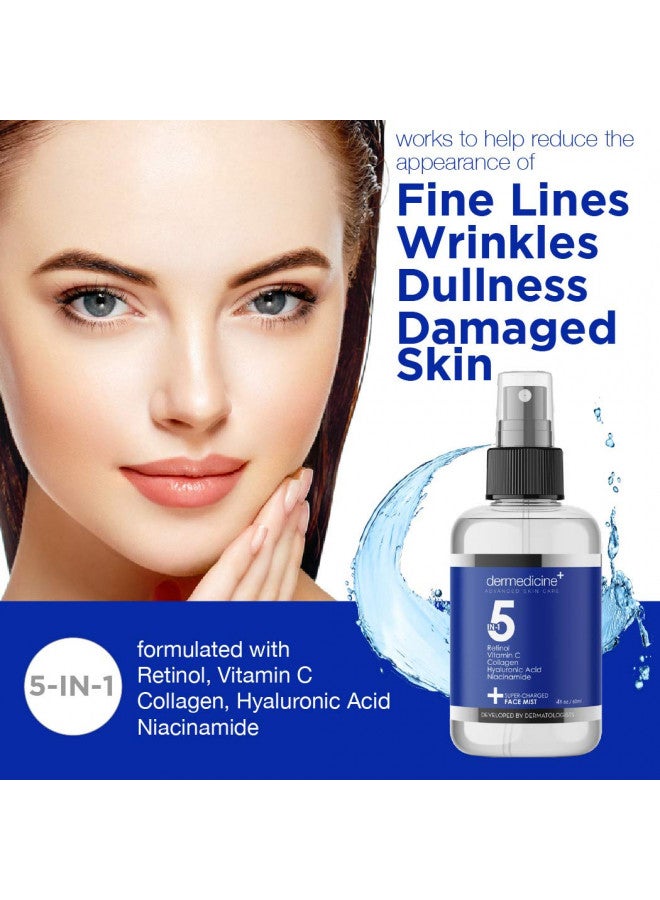 5 in 1 Super Charged Anti-Aging Face Mist w/Retinol, Vitamin C, Collagen, Hyaluronic Acid & Niacinamide | Hydrates, Refreshes & Brightens for a More Glowing Complexion | 4 fl oz, 120 ml