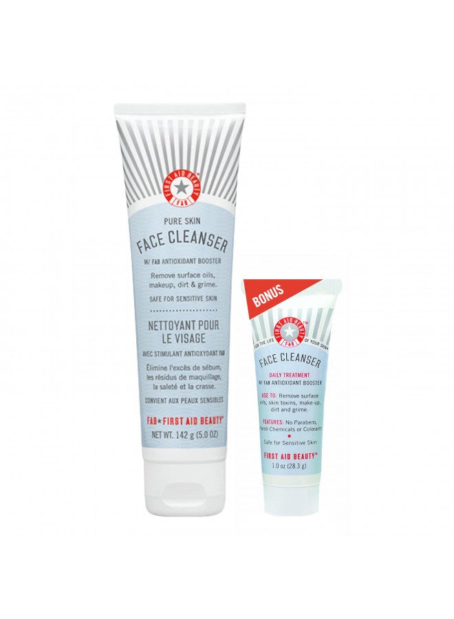 First Aid Beauty Pure Skin Face Cleanser Bundle Sensitive Skin Gentle Cleanser Classic 5 oz Tube + Bonus 1 oz Travel Size