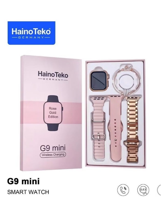 Germany G9 Mini Smart Watch with Two Set Strap 41mm HD Smart Display Rose Gold Edition Wireless Charger and Beautiful Bracelet For Ladies