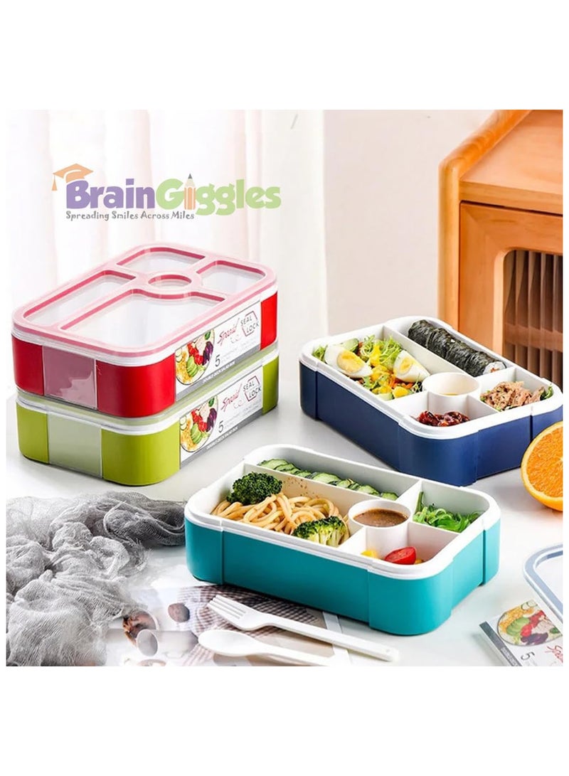 BrainGiggles Bento Lunch Box -Leakproof, BPA-Free, Airtight Tiffin with Spoon & Fork- 5 Compartments, 1100ml, Microwave Safe Bento Box For Kids & Adults - Ideal for School & Office (Blue)