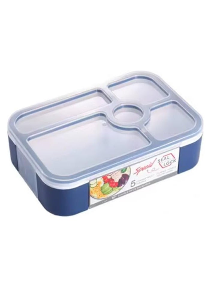 BrainGiggles Bento Lunch Box -Leakproof, BPA-Free, Airtight Tiffin with Spoon & Fork- 5 Compartments, 1100ml, Microwave Safe Bento Box For Kids & Adults - Ideal for School & Office (Blue)