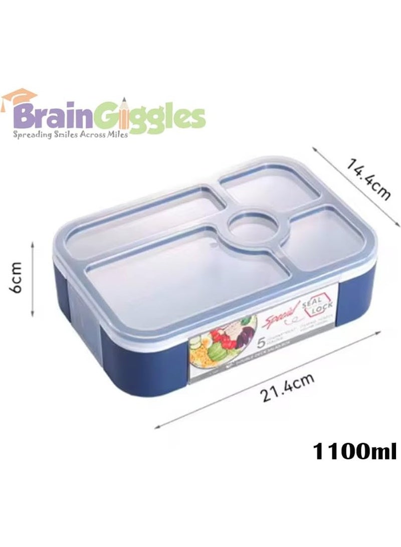 BrainGiggles Bento Lunch Box -Leakproof, BPA-Free, Airtight Tiffin with Spoon & Fork- 5 Compartments, 1100ml, Microwave Safe Bento Box For Kids & Adults - Ideal for School & Office (Blue)