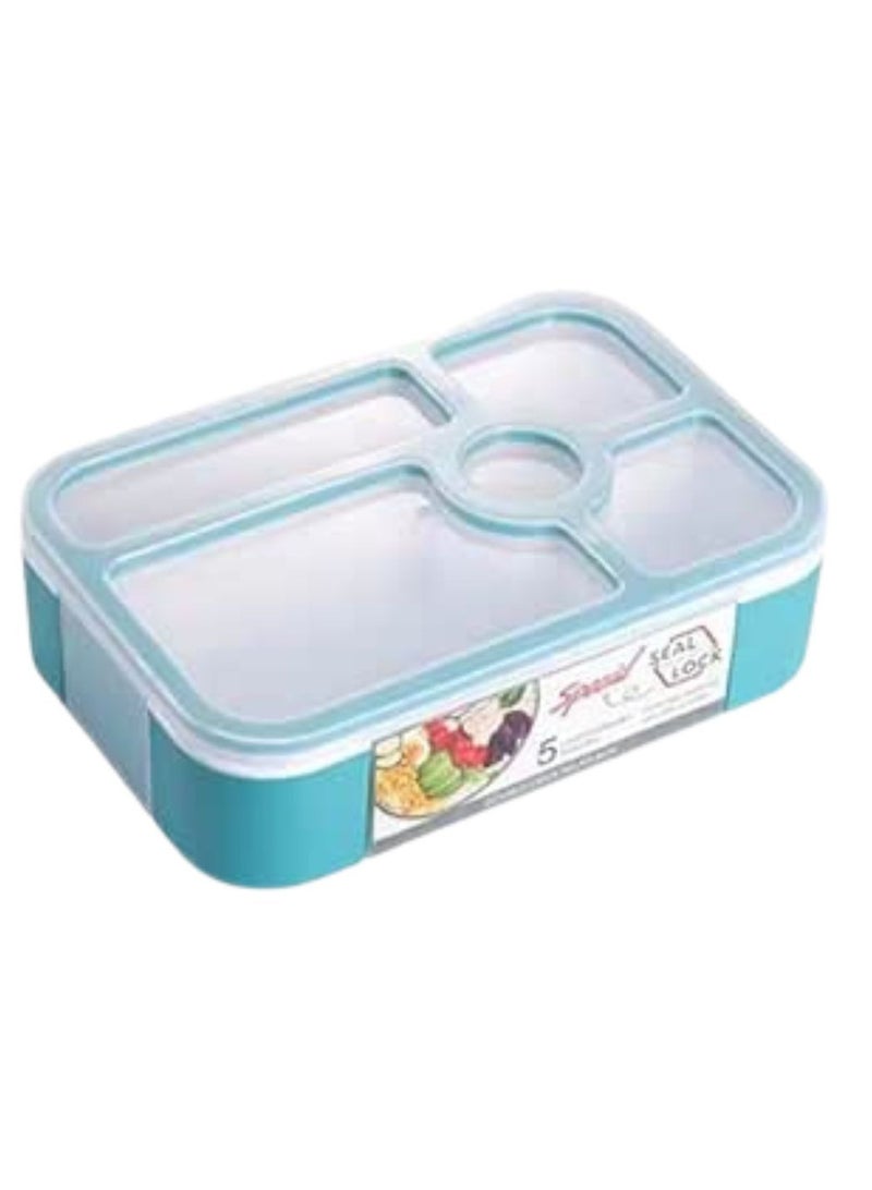 BrainGiggles Bento Lunch Box -Leakproof, BPA-Free, Airtight Tiffin with Spoon & Fork- 5 Compartments, 1100ml, Microwave Safe Bento Box For Kids & Adults - Ideal for School & Office (Teal)