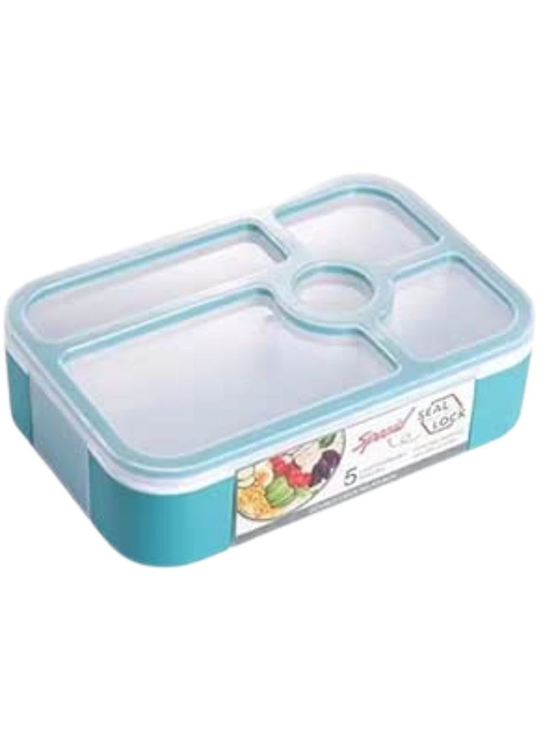 BrainGiggles Bento Lunch Box -Leakproof, BPA-Free, Airtight Tiffin with Spoon & Fork- 5 Compartments, 1100ml, Microwave Safe Bento Box For Kids & Adults - Ideal for School & Office (Teal)