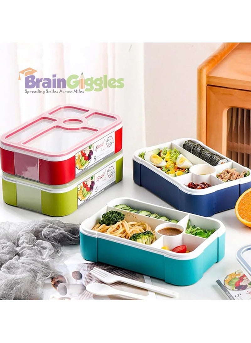 BrainGiggles Bento Lunch Box -Leakproof, BPA-Free, Airtight Tiffin with Spoon & Fork- 5 Compartments, 1100ml, Microwave Safe Bento Box For Kids & Adults - Ideal for School & Office (Red)