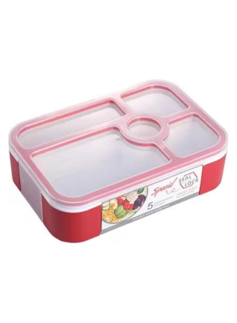 BrainGiggles Bento Lunch Box -Leakproof, BPA-Free, Airtight Tiffin with Spoon & Fork- 5 Compartments, 1100ml, Microwave Safe Bento Box For Kids & Adults - Ideal for School & Office (Red)