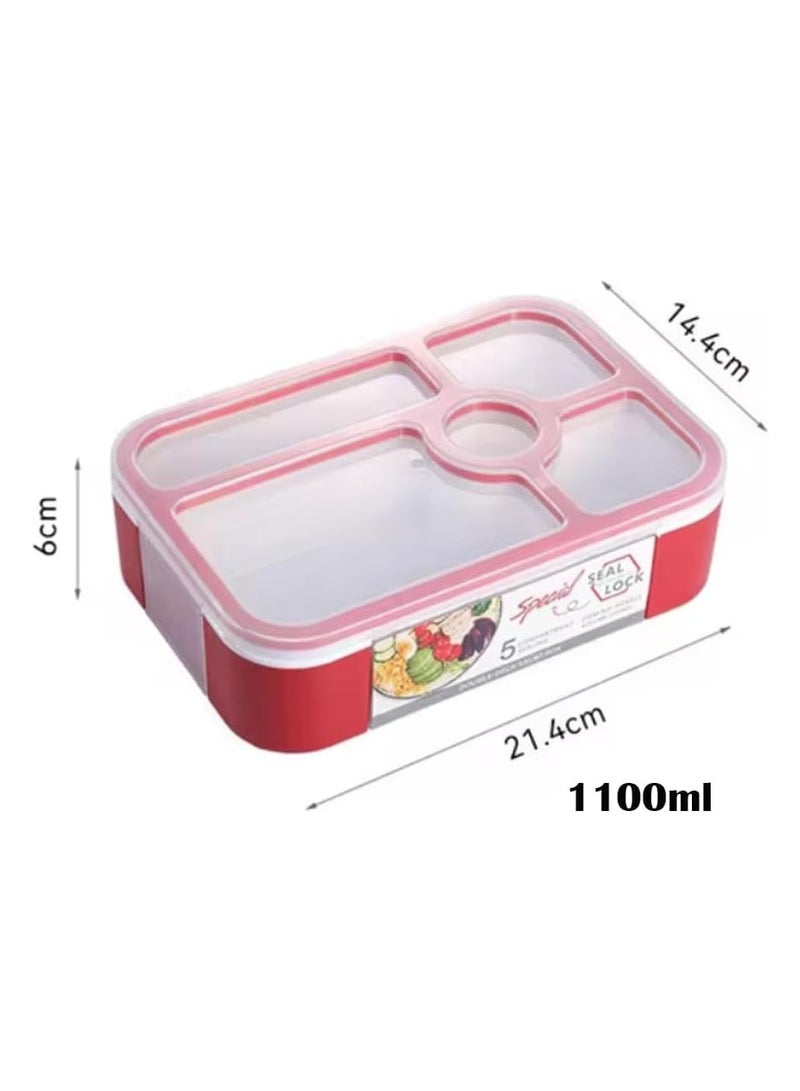 BrainGiggles Bento Lunch Box -Leakproof, BPA-Free, Airtight Tiffin with Spoon & Fork- 5 Compartments, 1100ml, Microwave Safe Bento Box For Kids & Adults - Ideal for School & Office (Red)