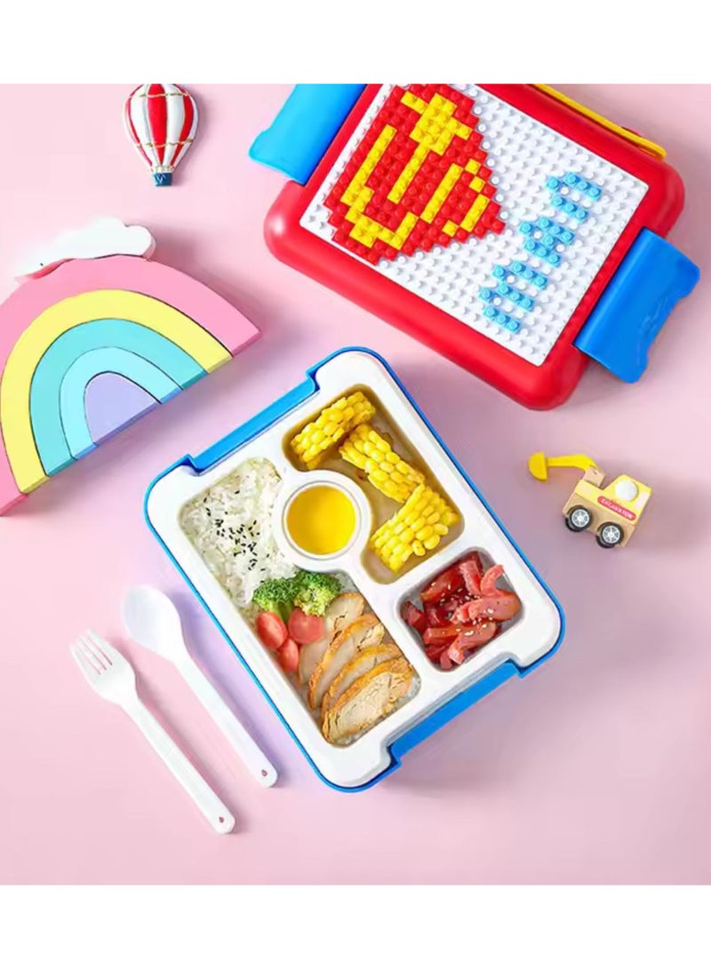 BrainGiggles Bento Lunch Box -Leakproof, BPA-Free, Insulated, Airtight Tiffin- 4 Compartments (With Building Blocks To Customizable Design) Bento Box For Boys & Girls (Red)