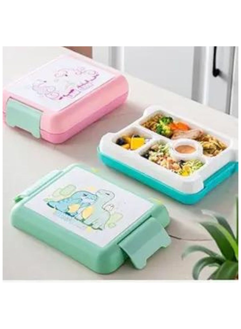 BrainGiggles Dinosaur Bento Lunch Box -Leakproof, BPA-Free, Airtight Tiffin with Spoon & Fork- 4 Compartments Bento Box For Kids with Handle (Green)