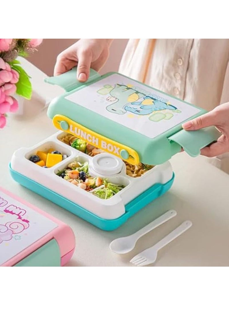 BrainGiggles Dinosaur Bento Lunch Box -Leakproof, BPA-Free, Airtight Tiffin with Spoon & Fork- 4 Compartments Bento Box For Kids with Handle (Green)