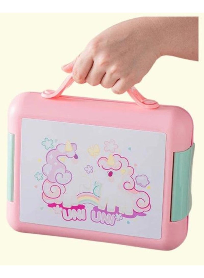 BrainGiggles Unicorn Bento Lunch Box -Leakproof, BPA-Free, Airtight Tiffin with Spoon & Fork- 4 Compartments Bento Box For Kids with Handle (Pink)