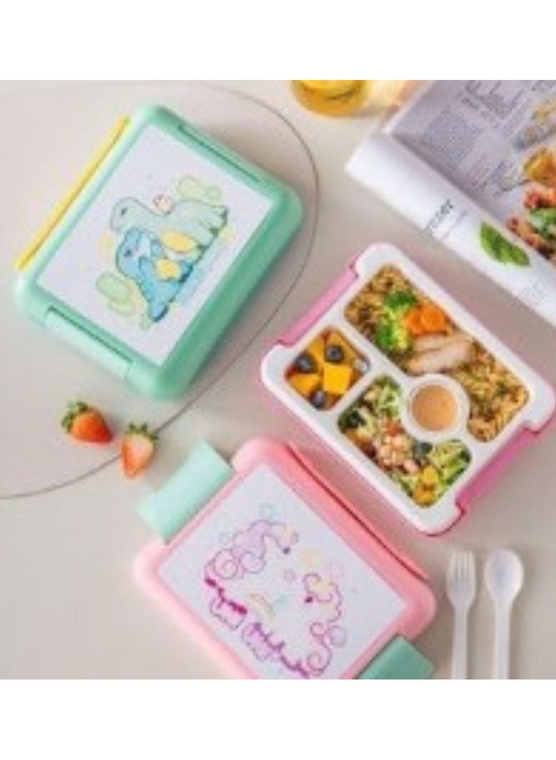 BrainGiggles Unicorn Bento Lunch Box -Leakproof, BPA-Free, Airtight Tiffin with Spoon & Fork- 4 Compartments Bento Box For Kids with Handle (Pink)