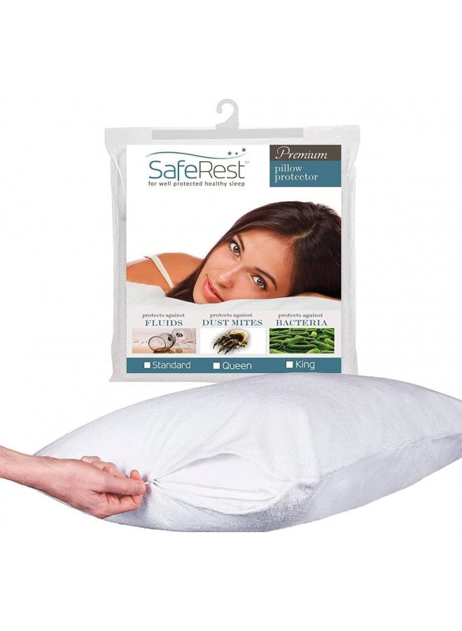 SafeRest Pillow Protector - Pack of 1 - Standard Size Waterproof Pillow Cover - Zippered Pillow Encasement for College Dorm Room, New Home, First Apartment - Cotton Terry, Waterproof, Breathable