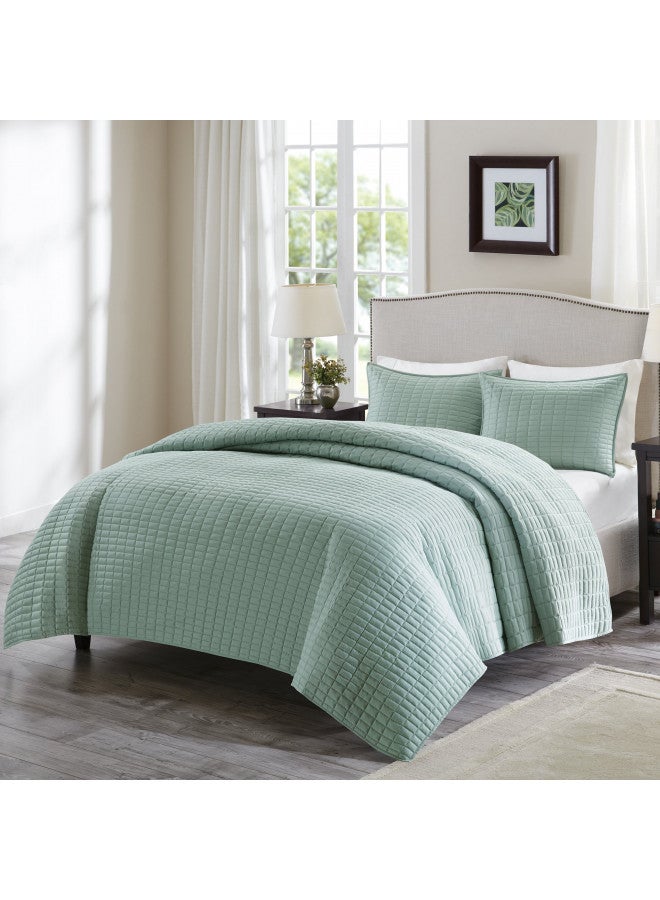 Comfort Spaces Kienna Quilt Set-Luxury Double Sided Stitching Design Summer Blanket, Lightweight, Soft, All Season Bedding Layer, Matching Sham, Seafoam, Coverlet Full/Queen(90