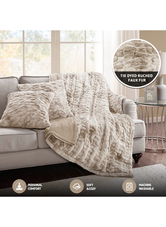 Comfort Spaces Luxurious & Fuzzy Soft Ruched Faux Fur Plush Throw Blanket Set with 2 Matching Square Pillow Covers, for Sofa,Chair, Couch, Living Room, Home Office, Tan Tie Dye 50