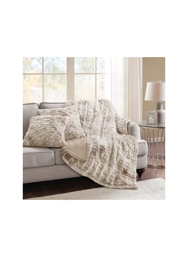 Comfort Spaces Luxurious & Fuzzy Soft Ruched Faux Fur Plush Throw Blanket Set with 2 Matching Square Pillow Covers, for Sofa,Chair, Couch, Living Room, Home Office, Tan Tie Dye 50