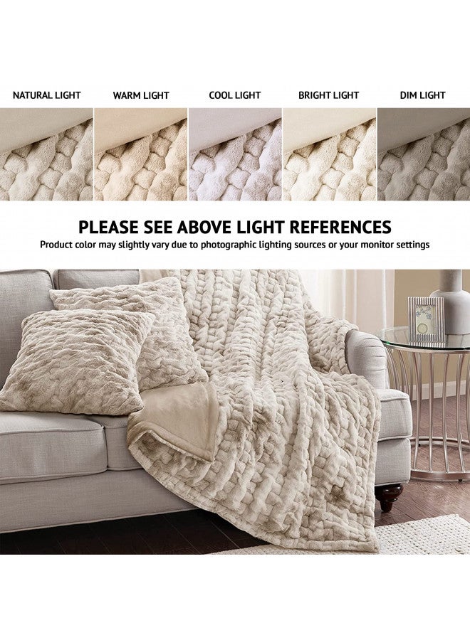 Comfort Spaces Luxurious & Fuzzy Soft Ruched Faux Fur Plush Throw Blanket Set with 2 Matching Square Pillow Covers, for Sofa,Chair, Couch, Living Room, Home Office, Tan Tie Dye 50