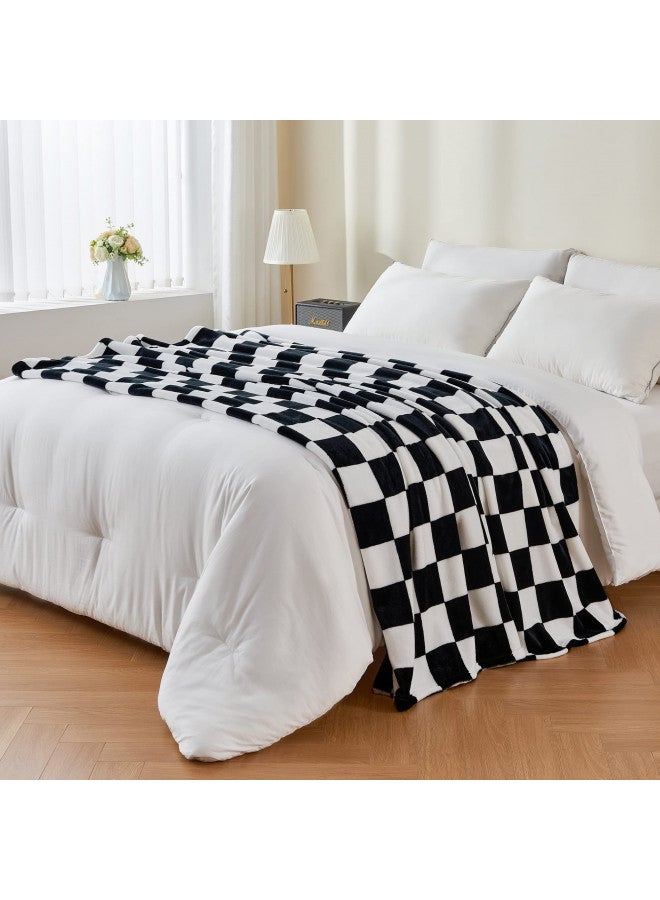 BEDELITE Checkered Throw Blanket Twin Size for Couch and Bed, Luxurious Fleece Blanket with Checkerboard Grid Home Decor, Soft Cozy Black and White Warm Blankets for Spring, 60