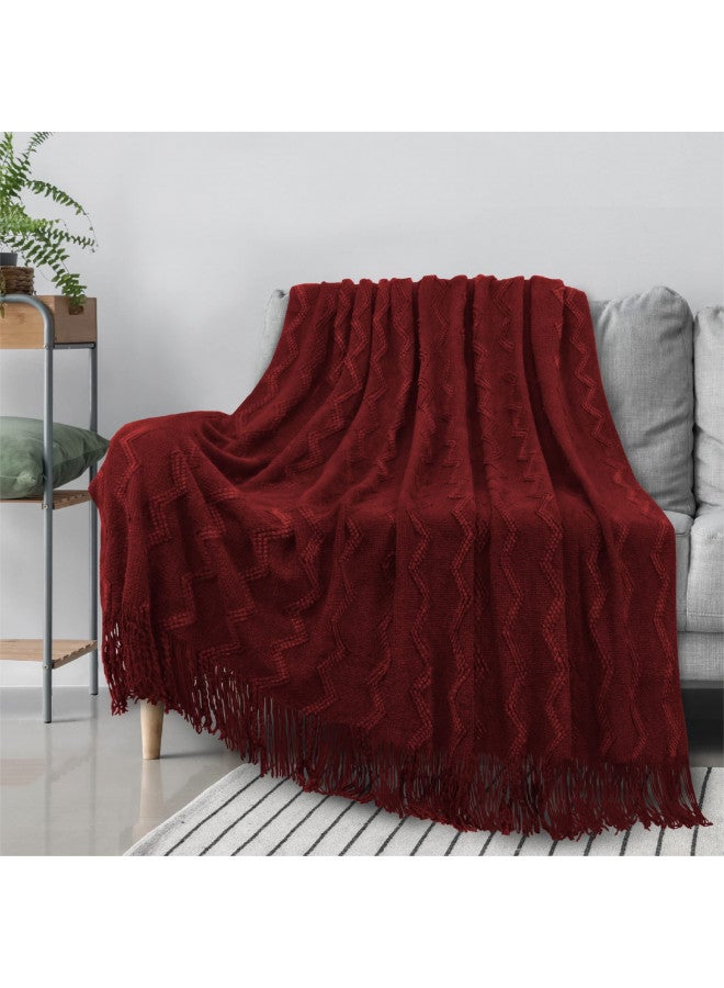 PAVILIA Knitted Throw Blanket Fringe Dark Red Wine Burgundy | Decorative Tassel Boho Farmhouse Decor Couch Bed Sofa Fall Outdoor | Woven Textured Afghan Soft Lightweight Cozy Warm Acrylic 50x60