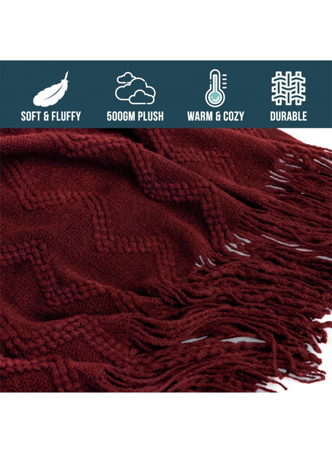 PAVILIA Knitted Throw Blanket Fringe Dark Red Wine Burgundy | Decorative Tassel Boho Farmhouse Decor Couch Bed Sofa Fall Outdoor | Woven Textured Afghan Soft Lightweight Cozy Warm Acrylic 50x60
