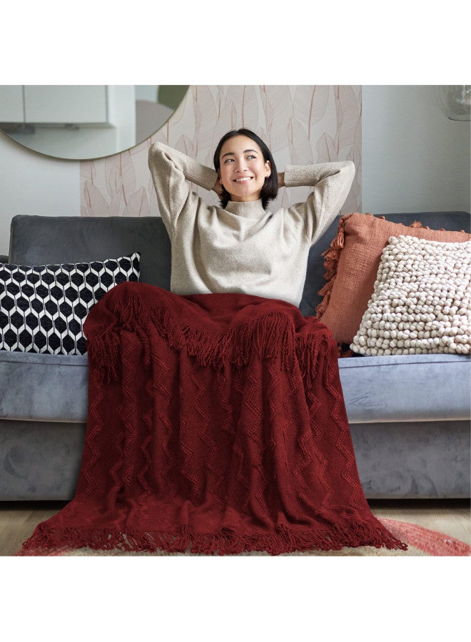 PAVILIA Knitted Throw Blanket Fringe Dark Red Wine Burgundy | Decorative Tassel Boho Farmhouse Decor Couch Bed Sofa Fall Outdoor | Woven Textured Afghan Soft Lightweight Cozy Warm Acrylic 50x60