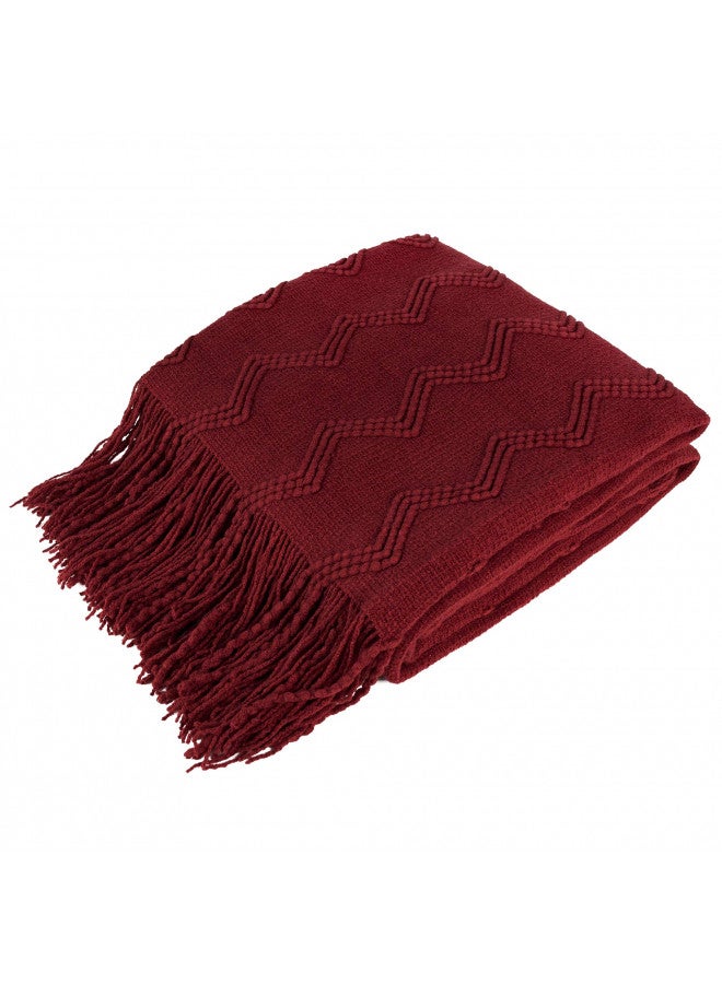 PAVILIA Knitted Throw Blanket Fringe Dark Red Wine Burgundy | Decorative Tassel Boho Farmhouse Decor Couch Bed Sofa Fall Outdoor | Woven Textured Afghan Soft Lightweight Cozy Warm Acrylic 50x60