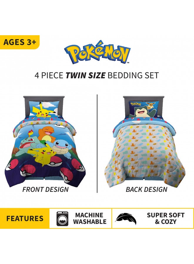 Franco Kids Bedding Super Soft Comforter and Sheet Set, 4 Piece Twin Size, Pokemon (Prints May vary)