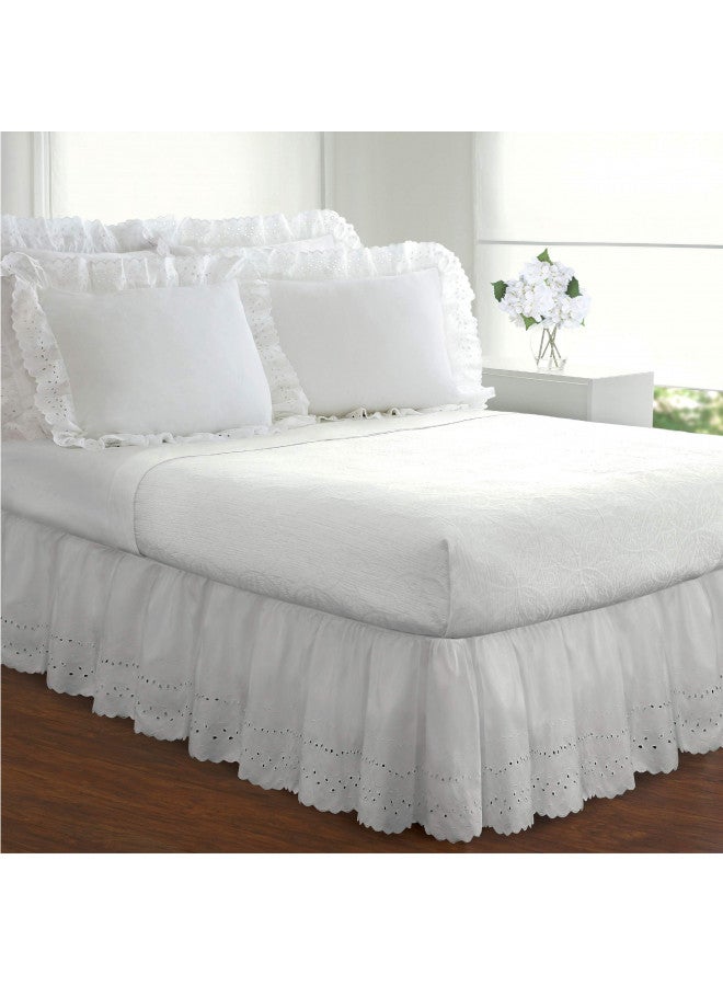 FRESH IDEAS Ideas Ruffled Eyelet Bed Skirt Dust Ruffle with Gathered Styling and Embroidered Details, 14