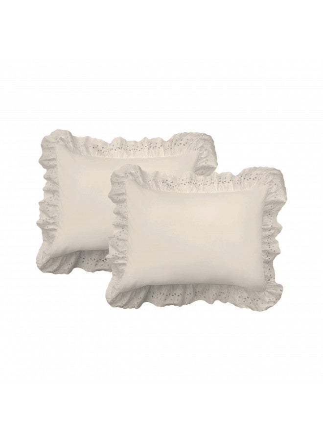 Fresh Ideas Ruffled Bed Pillow Shams with Embroidered Eyelet Detail, Standard, Ivory, 2-Pack
