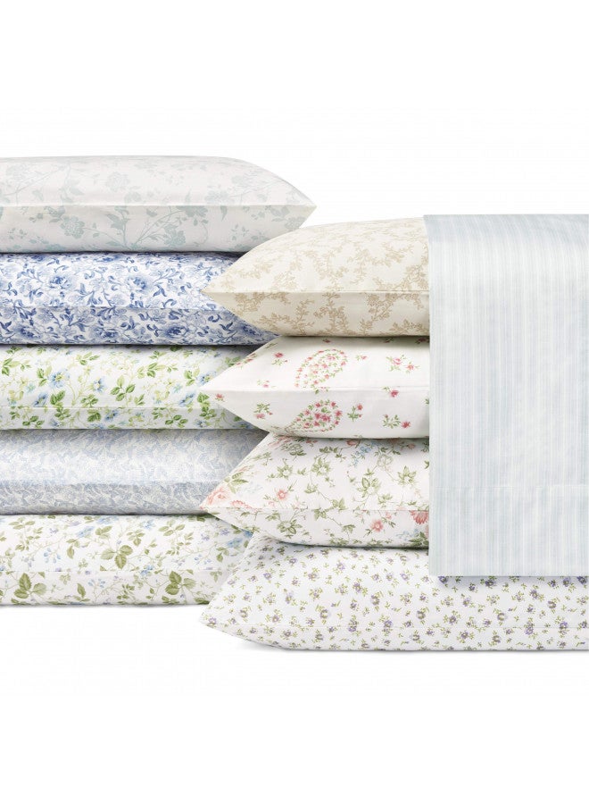 Laura Ashley Home - Full Sheets, Soft Sateen Cotton Bedding Set - Sleek, Smooth, & Breathable Home Decor,Blossoming Blue