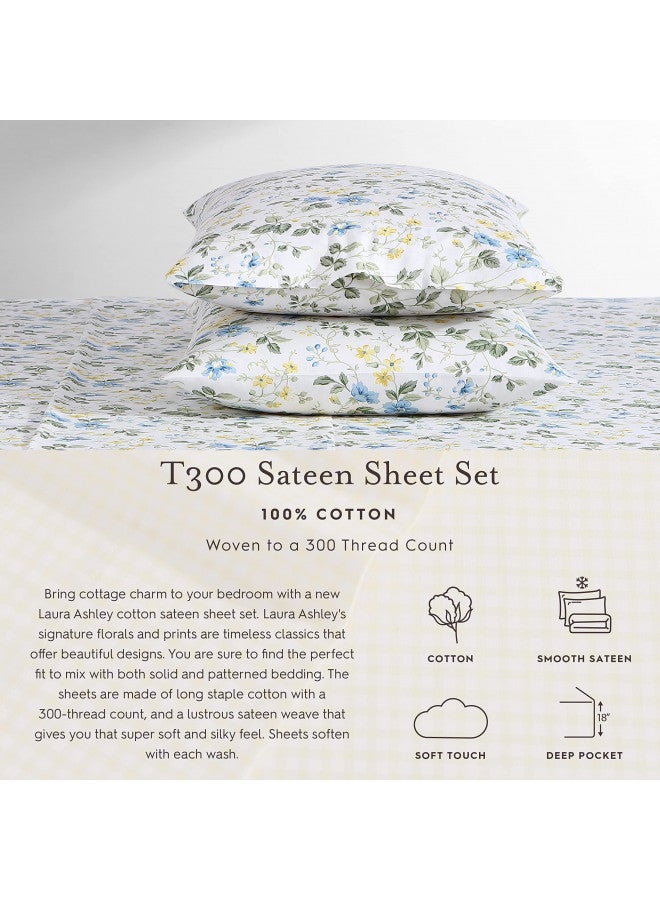 Laura Ashley Home - Full Sheets, Soft Sateen Cotton Bedding Set - Sleek, Smooth, & Breathable Home Decor,Blossoming Blue