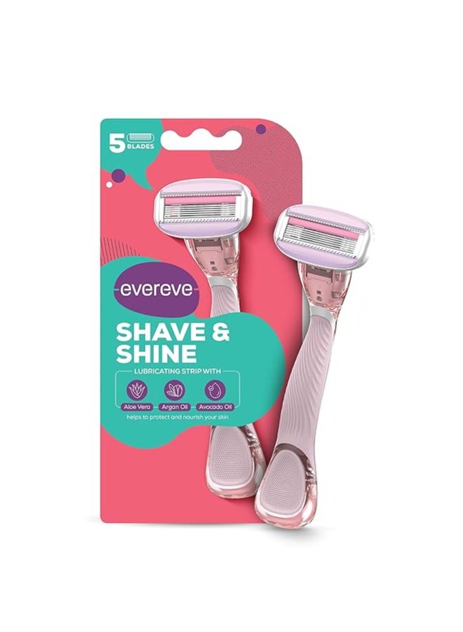 Evereve shave and shine 5 blade Razor for women, 1Pc, Quick & Easy hair removal with Aloe Vera, Argan Oil & Vitamin E, Flexible & rounded head, Non-slip rubber handle