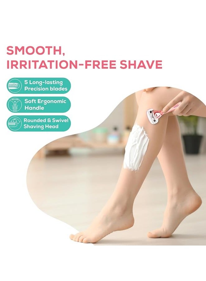 Evereve shave and shine 5 blade Razor for women, 1Pc, Quick & Easy hair removal with Aloe Vera, Argan Oil & Vitamin E, Flexible & rounded head, Non-slip rubber handle