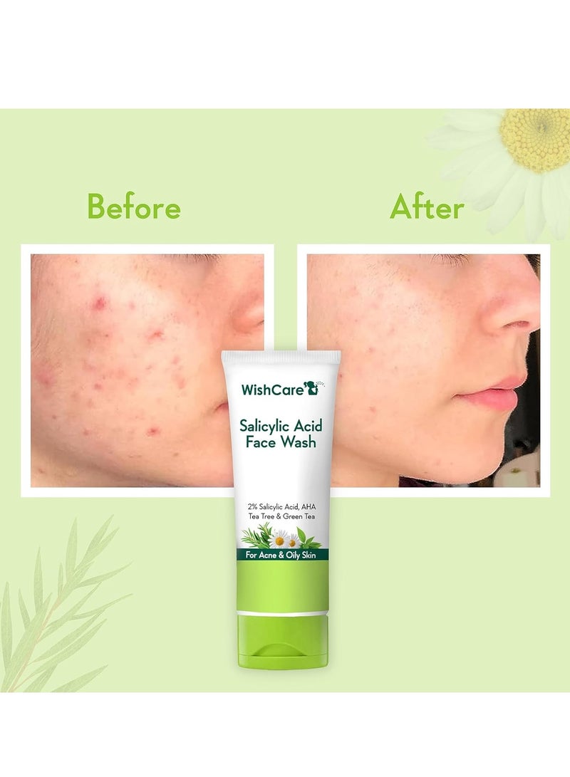 WishCare 2% Salicylic Acid Face Wash with AHA, GreenTea, Chamomile & TeaTree - For Oil & Acne Control