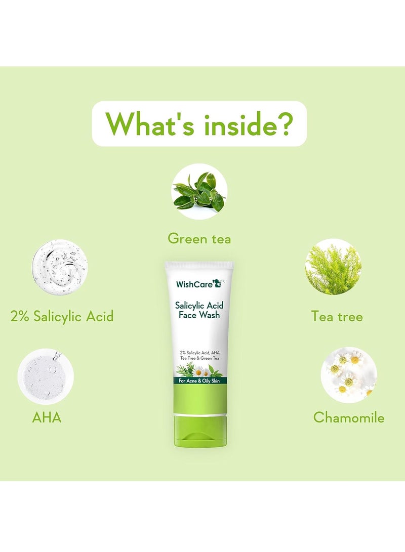 WishCare 2% Salicylic Acid Face Wash with AHA, GreenTea, Chamomile & TeaTree - For Oil & Acne Control