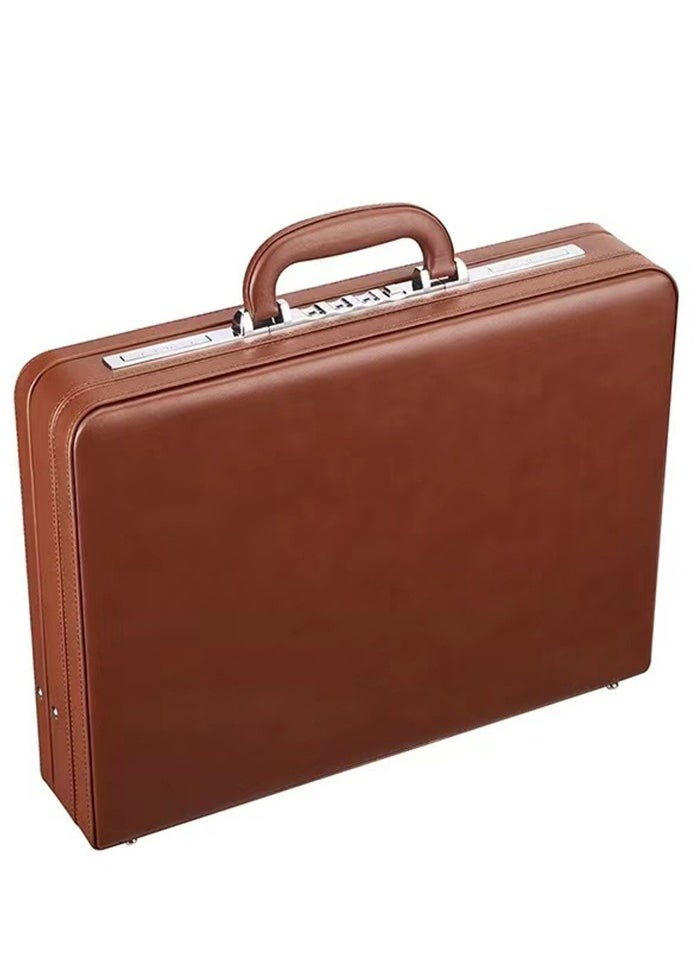 17 inches Leather Expandable Attache Case Dual Combination Lock Hard Side Briefcase-Brown