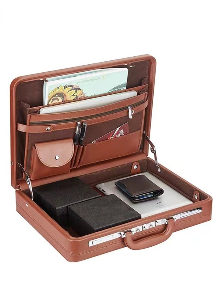 17 inches Leather Expandable Attache Case Dual Combination Lock Hard Side Briefcase-Brown