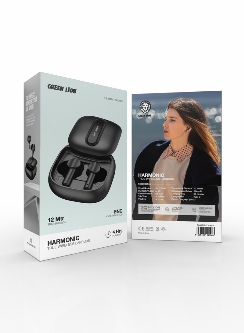 Harmonic True Wireless Earbuds / Long Range Transmission Distance / ENC Noise Reduction / V5.3 Bluetooth / Multi-Function Touch / Low Latency Mode / Considerable Playing Time - Black