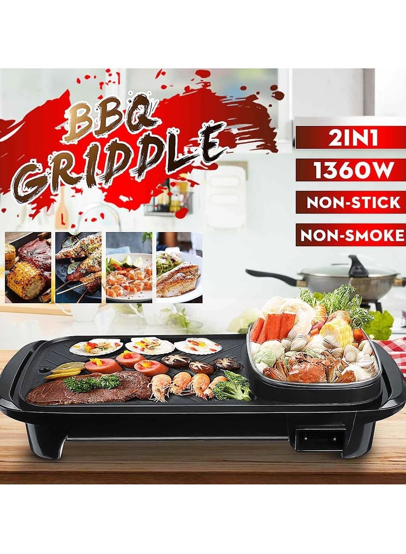 Electric BBQ Grill Hot Pot, Electric BBQ Roasting Pans, Smokeless, Non Stick, Temperature Control Hotpot Grill with Oil Sprayer and Brush, Suitable for 2-6 People Gatherings