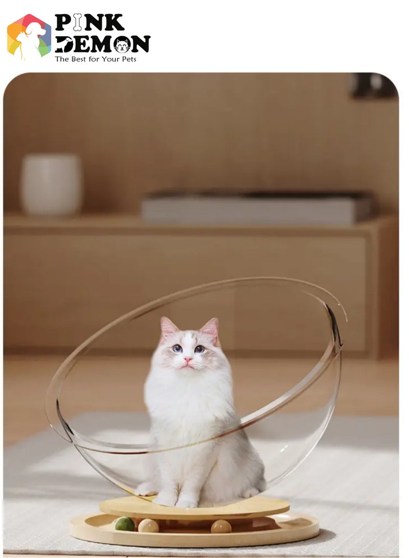 New Large space capsule cat bed turntable cat bed, stable solid wood base, high transparent acrylic cat toys, suitable for cats under 6kg  Play and sleep