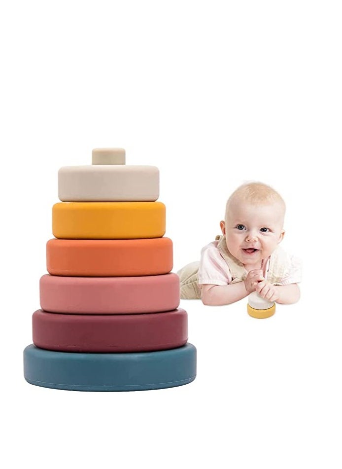 Stacking Nesting Circle Toy 6Pcs Soft Squeeze Building Blocks Sensory Toys Early Learning Color Pattern Montessori Toys Early Learning Natural Brain Development Educational Blocks Toy (Morandi)