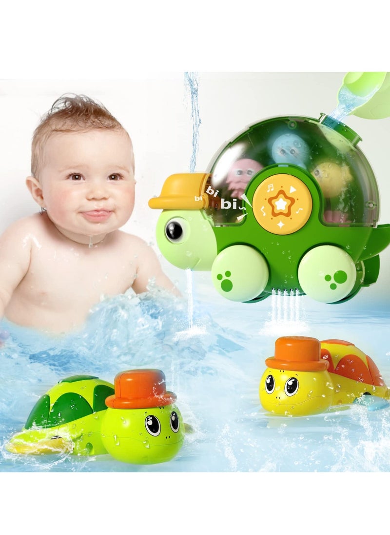 Baby Bath Toys with 2 Wind Up Toys,Cute Turtle Waterfall Water Station Toy with Cup, Swimming Shower Toys with Rotatable Waterwheel, Bathub Toys Gift for Boys Girls 2 3 4 years