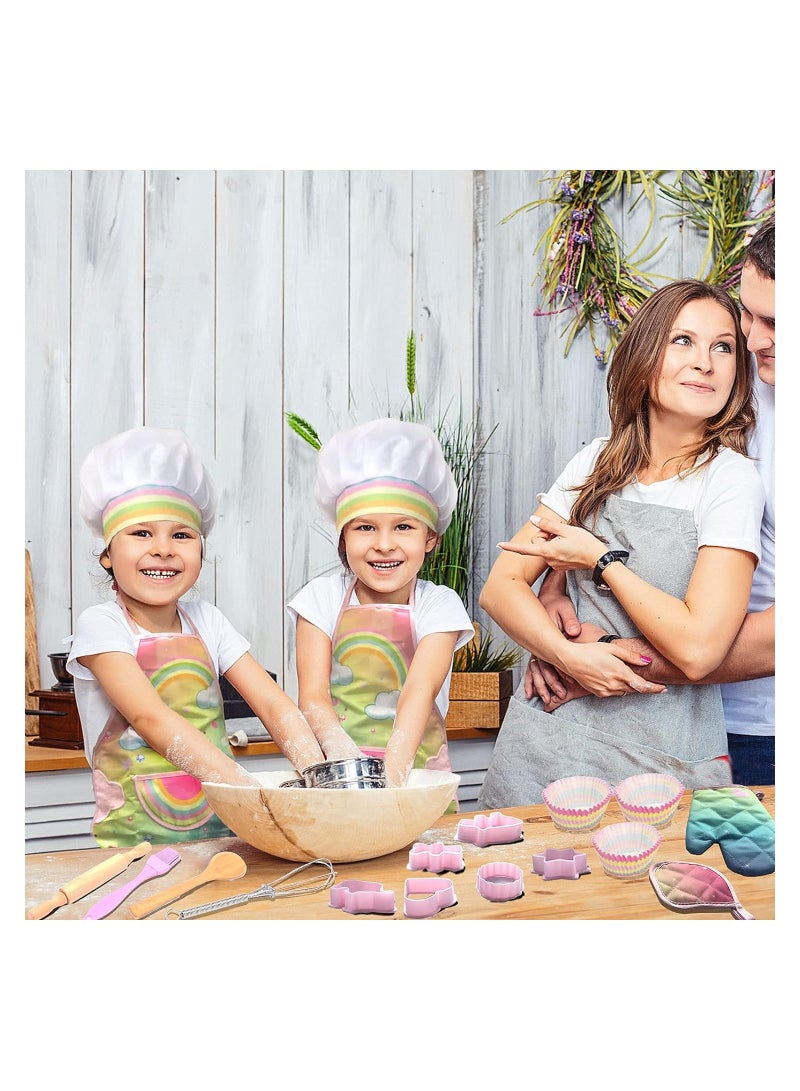 Kids Baking Chef Set - 26-Piece Cooking Costume for Toddlers, Includes Rainbow Apron, Chef Hat, Oven Mitt, Utensils, and Cupcake Molds for Boys and Girls Ages 3+