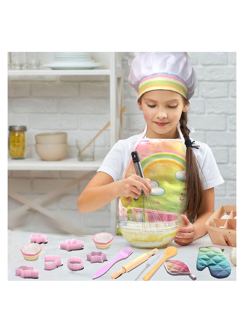 Kids Baking Chef Set - 26-Piece Cooking Costume for Toddlers, Includes Rainbow Apron, Chef Hat, Oven Mitt, Utensils, and Cupcake Molds for Boys and Girls Ages 3+